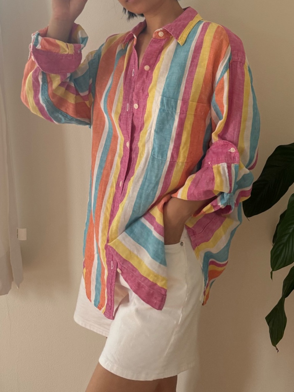 Vintage Multi Colored Vertical Striped Button Up Coastal Y2K Shirt Size Large